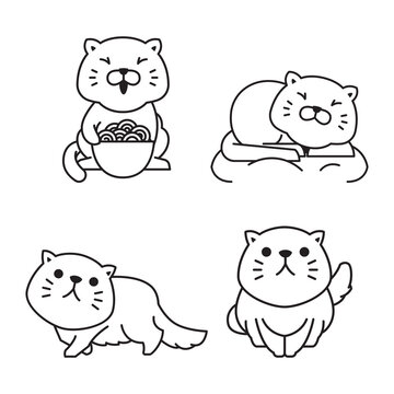 Cute Fat Cat Eating Sleeping Outline Monoline Line Doodle Style Illustration