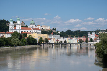 View of the old town of Passau, Germany, along the Inn River, on a sunny summer day