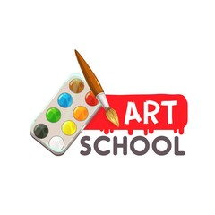 Arts school icon, painting and artist drawing design, vector education emblem. Watercolor palette and pint brush symbol for graphic design and painting art school or studio