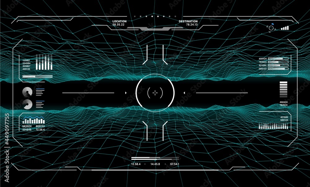 Poster HUD target aim controls on futuristic screen interface, vector dashboard background. HUD target aims on radar screen, game dashboard and UI panel controls with crosshair technology