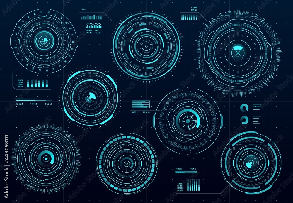 Leinwandbilder Circle futuristic HUD digital interface, data screen dashboard, vector round frames and borders. HUD aim controls and digital gauges, target aim and hologram frames, user data UI display buttons