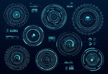 Circle futuristic HUD digital interface, data screen dashboard, vector round frames and borders. HUD aim controls and digital gauges, target aim and hologram frames, user data UI display buttons - obrazy, fototapety, plakaty