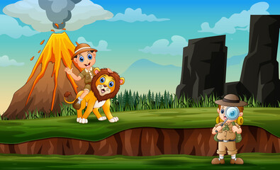 Obraz na płótnie Canvas Cartoon of zookeepers and lion with volcano eruption landscape