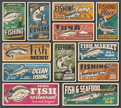 Fishing, fish and seafood market posters, vector retro. Fisher camp and tournament, rods, tackles and lures for river pike, ocean mackerel and flounder, marlin and bream big fish catch on hook