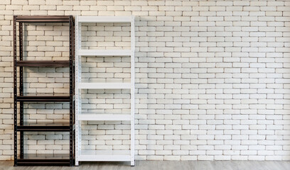 Black and white blank empty metal shelf in mininal style in front of vintage brick wall with copy space