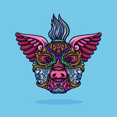 Pig head ornament illustration with lines and colors, vector illustration