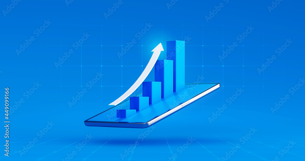 Wall mural tablet screen of market business chart arrow stock graph or investment financial data profit on digi