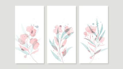 Flower watercolor art triptych wall art vector. Abstract art background with sweet orange and pink Floral Bouquets, Wildflower and leaf  hand paint design for wall decor, poster and wallpaper.
