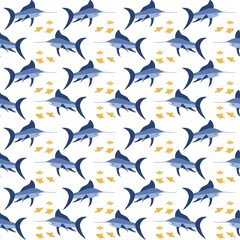 Cute swordfishes and small fishes in a seamless pattern. Digital illustration with ocean dwellers in hand drawn style for textiles, clothes, prints, wallpapers