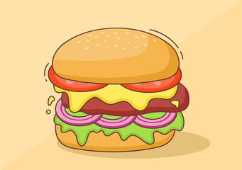 Cute Burger Fast Food Background Vector Illustration With Refreshing Ingredients. Tasty Image Meal in Flat Style Design
