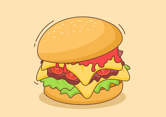 Cute Burger Fast Food Background Vector Illustration With Refreshing Ingredients. Tasty Image Meal in Flat Style Design