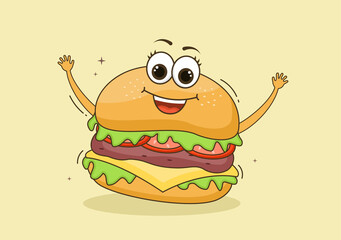 Cute Burger Fast Food Background Vector Illustration With Refreshing Ingredients. Tasty Image Meal in Flat Style Design