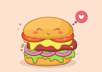 Cute Burger Fast Food Background Vector Illustration With Refreshing Ingredients. Tasty Image Meal in Flat Style Design
