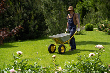 A young man with hands in gloves is carrying a metal garden cart
