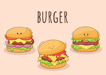 Cute Burger Fast Food Background Vector Illustration With Refreshing Ingredients. Tasty Image Meal in Flat Style Design