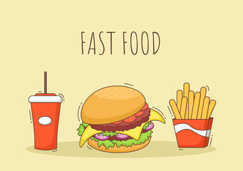Cute Burger, French Fries and Cola Fast Food Background Vector Illustration With Refreshing Ingredients. Tasty Image Meal in Flat Style Design