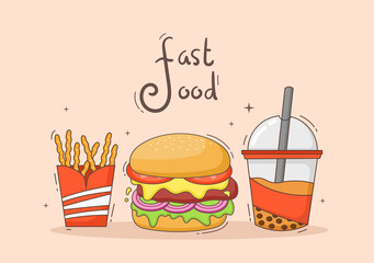 Cute Burger, French Fries and Cola Fast Food Background Vector Illustration With Refreshing Ingredients. Tasty Image Meal in Flat Style Design