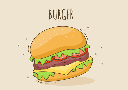 Cute Burger Fast Food Background Vector Illustration With Refreshing Ingredients. Tasty Image Meal in Flat Style Design