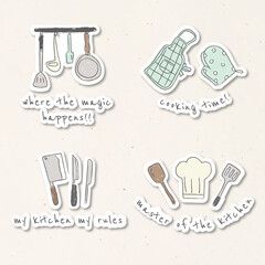 Cute kitchen utensils doodle stickers set vector