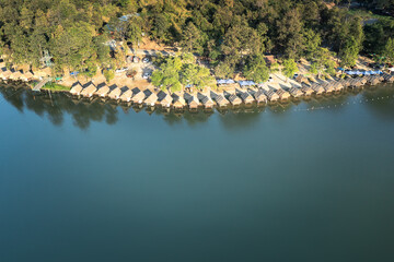 Landscape of Huay tung tao lake in Chiang Mai in aerial view. Floating restaurant with beautiful...