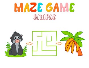 Simple Maze puzzle game for children. Color simple maze or labyrinth game with gorilla. Monkey and bananas