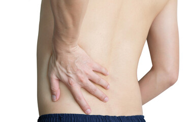 Handle lumbar backache white background. . Health concept