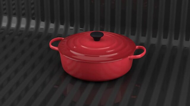 3D animation rendering, red color cast iron Le Crueset inspired Casserole, rotating with striped background.