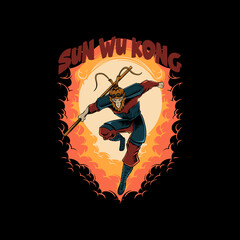 Sun wukong illustration with smoke fire on black background