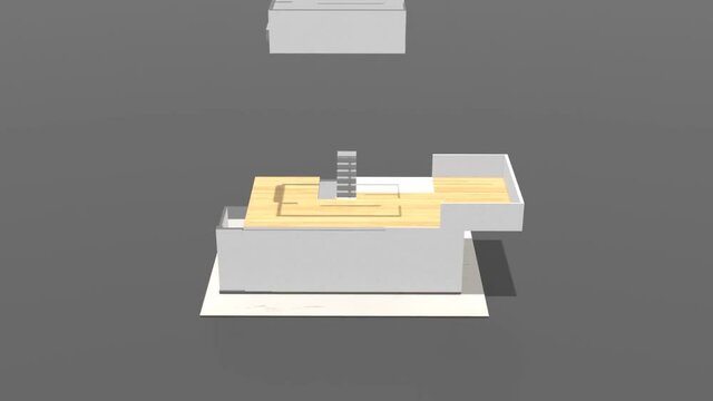 3D animation rendering, house construction build from 2D paper floor plan, rotation orbiting shot.