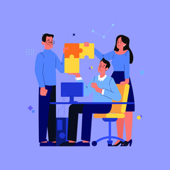 Vector illustration concept of team work. People connecting puzzle elements.