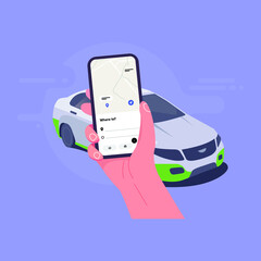 Vector illustration showing online cab booking via mobile app.