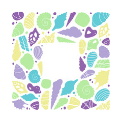 Abstract illustration of summer time concept. Underwater set of silhouettes. .Shells, stones, shapes. Flat vector illustration. Card template