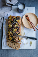 Delicious homemade meals. Banana Wholemeal Bread with Blueberries, Pepitas and Premium Chocolate...
