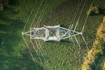 Transmission tower or pylon in top view. That substation, utility, infrastructure or steel...