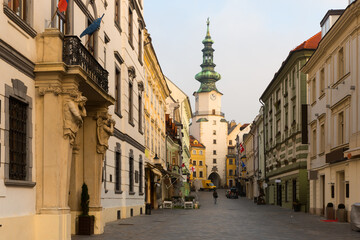 Fototapeta na wymiar Historical center of Bratislava with Michael Gate in Slovakia.
