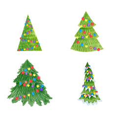 Watercolor painted set of Christmas tree with light on white background