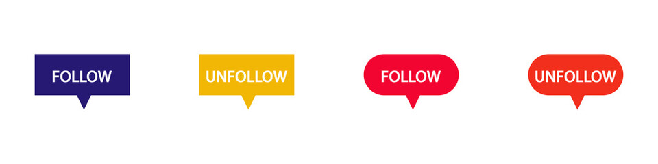 Conjunto de icono de seguir y dejar de seguir. Concepto de botón de colores para redes sociales. Ilustración vectorial
