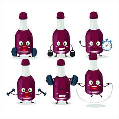 A healthy ginjiha bottle cartoon style trying some tools on Fitness center. Vector illustration