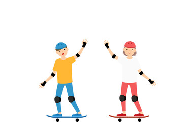 Fototapeta na wymiar スケートボードに乗りながら手を振る男の子と女の子