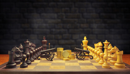 Chess and cannon are facing each other on chessboard with gold coin in between them and smoke floating in the air and dark brick background. The concept of business battles. 3D illustration rendering.