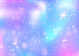 Fototapeta na wymiar Holographic background with rainbow mesh. Girlish universe banner in princess colors. Fantasy gradient backdrop with hologram. Holographic unicorn background with fairy sparkles, stars and blurs.