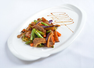 stir fried mixed vegetables with meat in spicy samba chilli sauce in white background asian halal menu