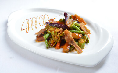 stir fried mixed vegetables with meat in spicy samba chilli sauce in white background asian halal menu