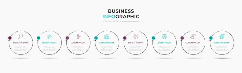 Naklejka premium Vector Infographic design business template with icons and 8 options or steps. Can be used for process diagram, presentations, workflow layout, banner, flow chart, info graph