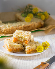 Pieces of apricot orange jam streusel pie on white plate, selective focus