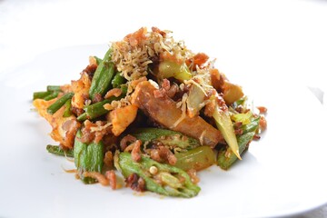stir fried mixed vegetables with meat in spicy samba chilli sauce in white background asian halal menu
