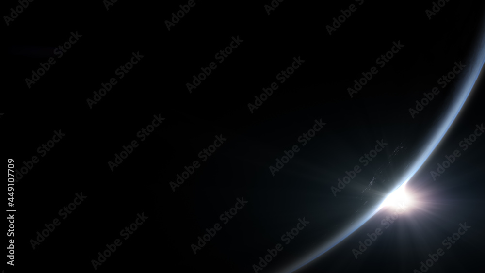 Poster a cinematic rendering of planet earth during sunrise as view from space with vibrant blue atmosphere