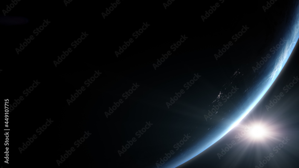 Aufkleber a cinematic rendering of planet earth during sunrise as view from space with vibrant blue atmosphere