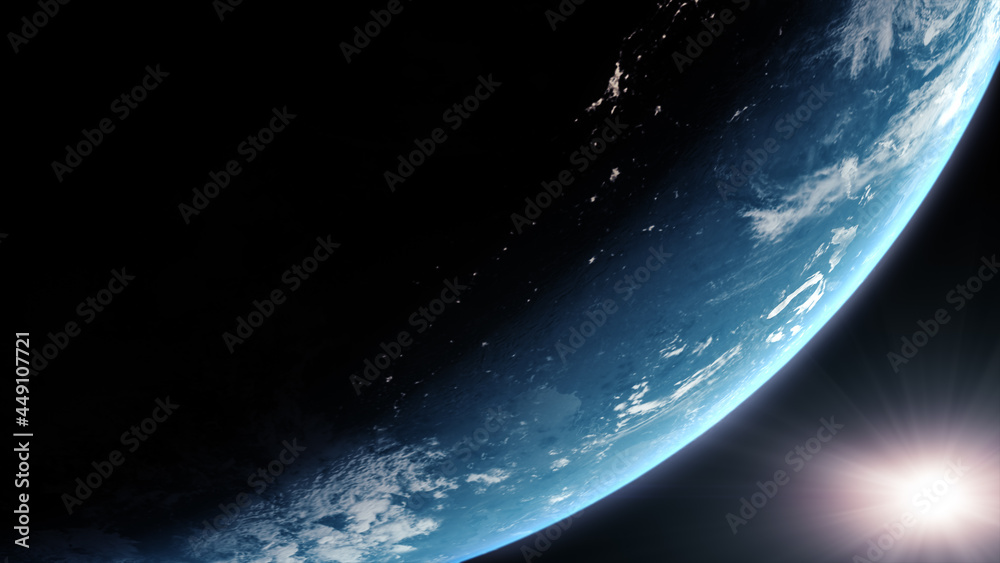 Aufkleber a cinematic rendering of planet earth during sunrise as view from space with vibrant blue atmosphere