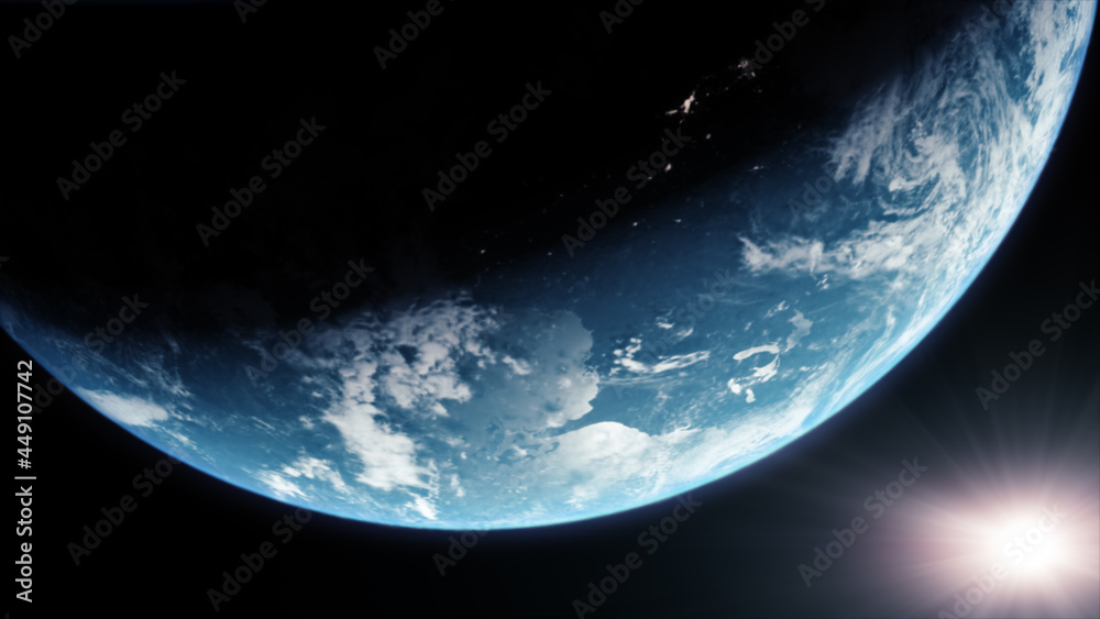 Poster a cinematic rendering of planet earth during sunrise as view from space with vibrant blue atmosphere